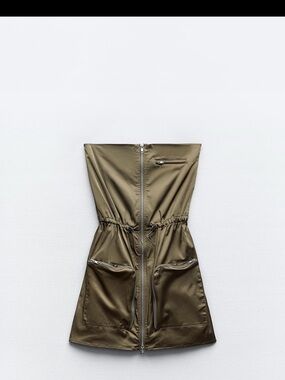 Zara Olive Green Strapless Utility Dress with Zip Pockets